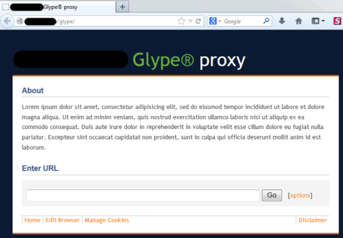 Glype Proxy domovská stránka