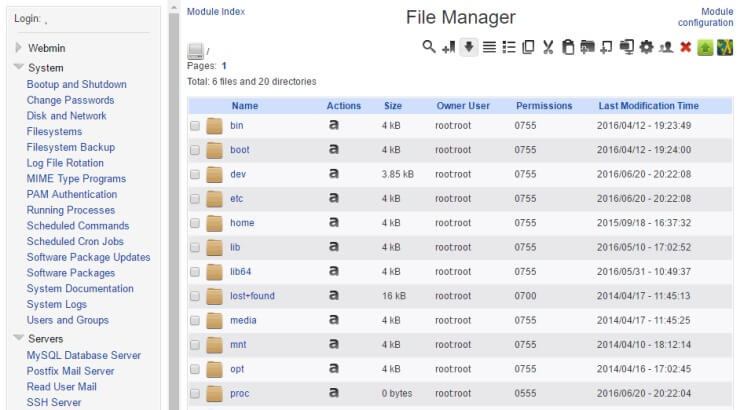 Webmin Default Theme - File Manager