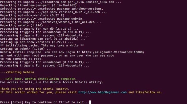 Setup Webmin Ubuntu Server Output