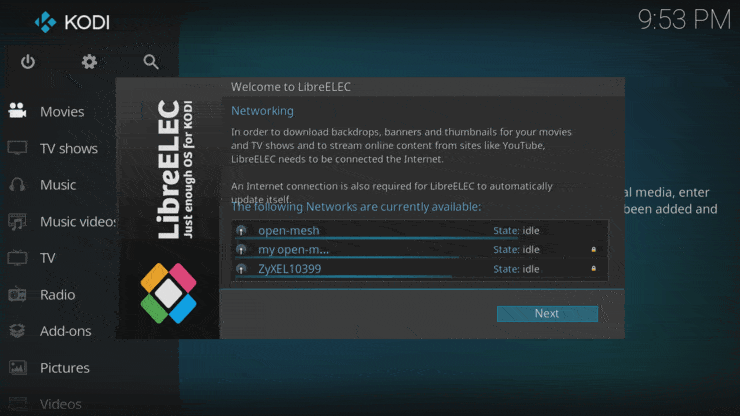 Libreelec Wi-Fi Setup Screen And Dialogue - How To Create A Libreelec Live Usb