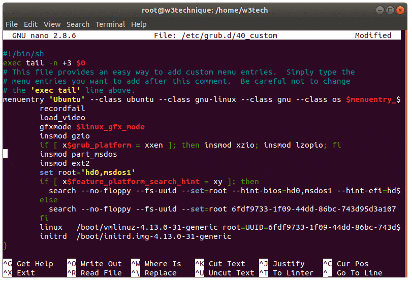 Ubuntu Boot To Kodi - Adding Ubuntu Cli Boot Grub Menu Entry To The 40_Custom Configuration File.