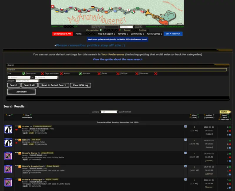 Myanonamouse Torrent Tracker Home Page