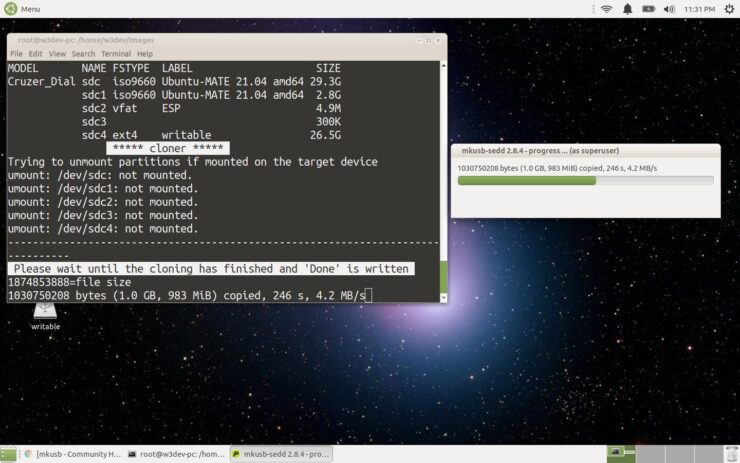 The Mkusb Command-Line Interface Application Provides Text Information In The Terminal App On Ubuntu Mate Desktop Alongside The Mkusb Gui Window Shows The Raspberry Pi Imager For Linux Progress Bar.