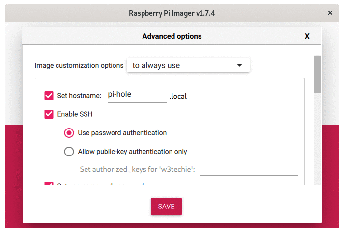 Raspberry Pi Imager Advanced Options