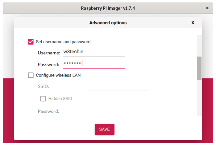 Raspberry Pi Imager Advanced Options - User