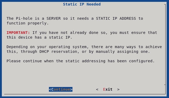 Pi-Hole Setup - Static Ip Needed Screen Is Displayed