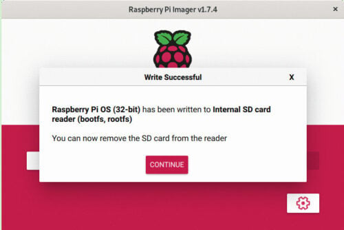 The Raspberry Pi Imager - Write Successful Screen