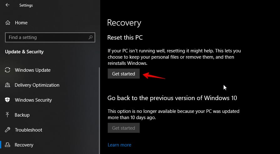 Selecting The “Get Started&Quot; Option Under The “Reset This Pc” Section