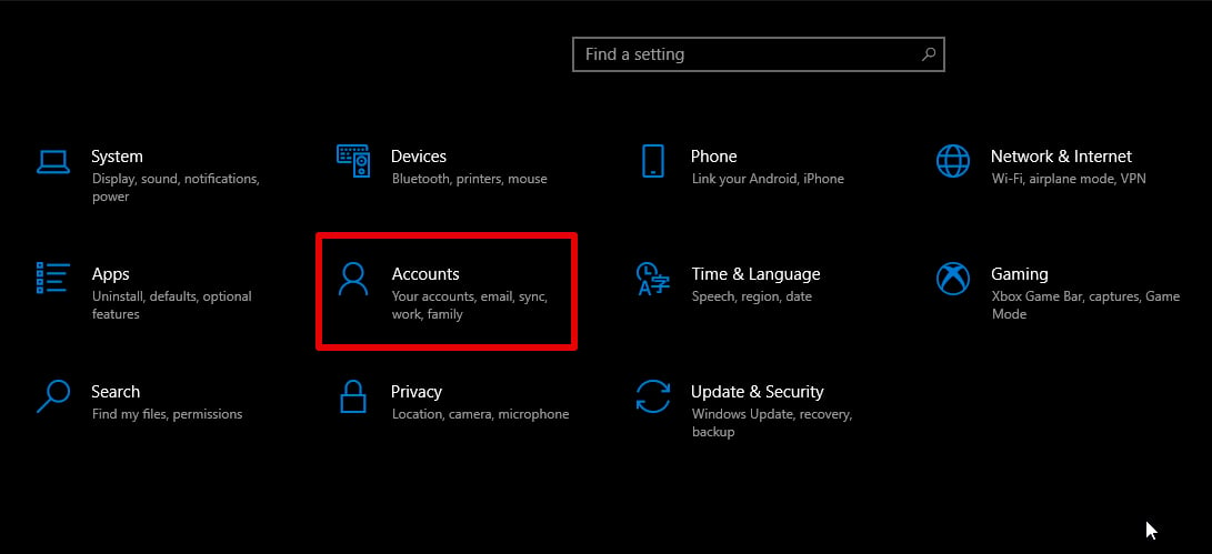 Opening The “Accounts” Menu In The “Settings” Page