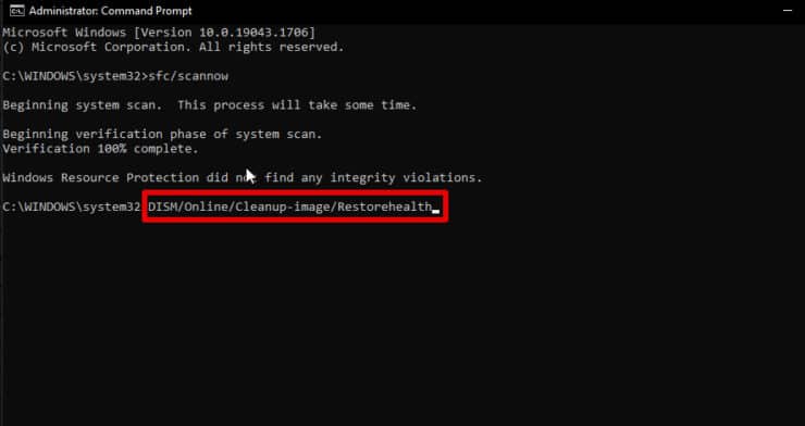 Entering The Dism Command In Command Prompt To Run A Dism Cleanup Image Scan