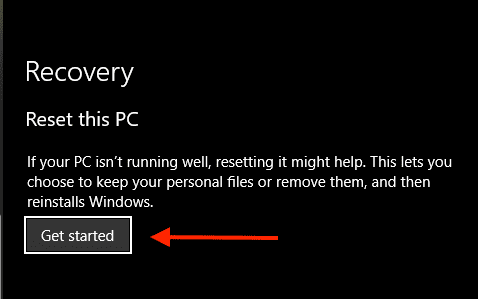 Selecting The “Get Started” Option Under The “Reset This Pc” Section