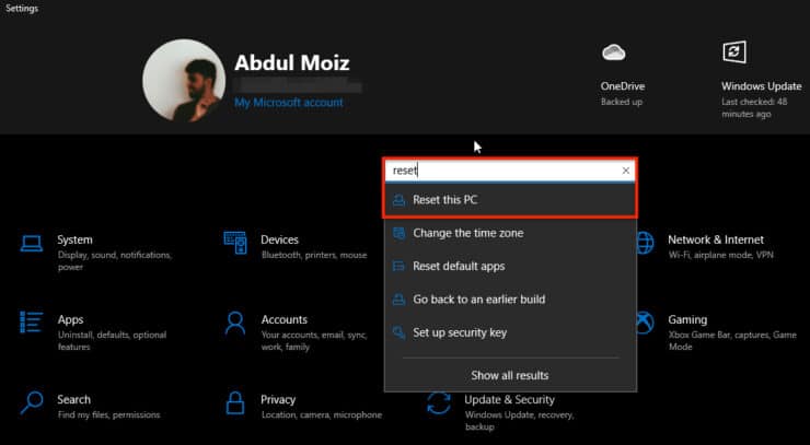 Searching For “Reset This Pc” In The “Settings” Menu