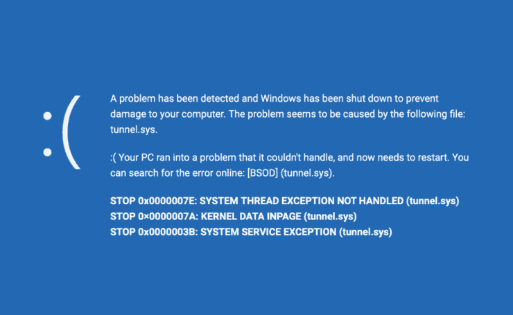 A Blue Screen Of Death Shows Tunnel.sys As The Cause Behind The Error.