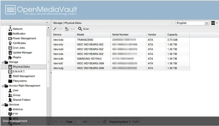 Openmediavault Disk Management Screen