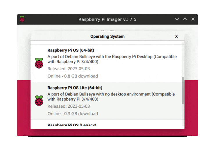 Choose An Operating System Dialog Window Is Shown For Raspi Os Lite